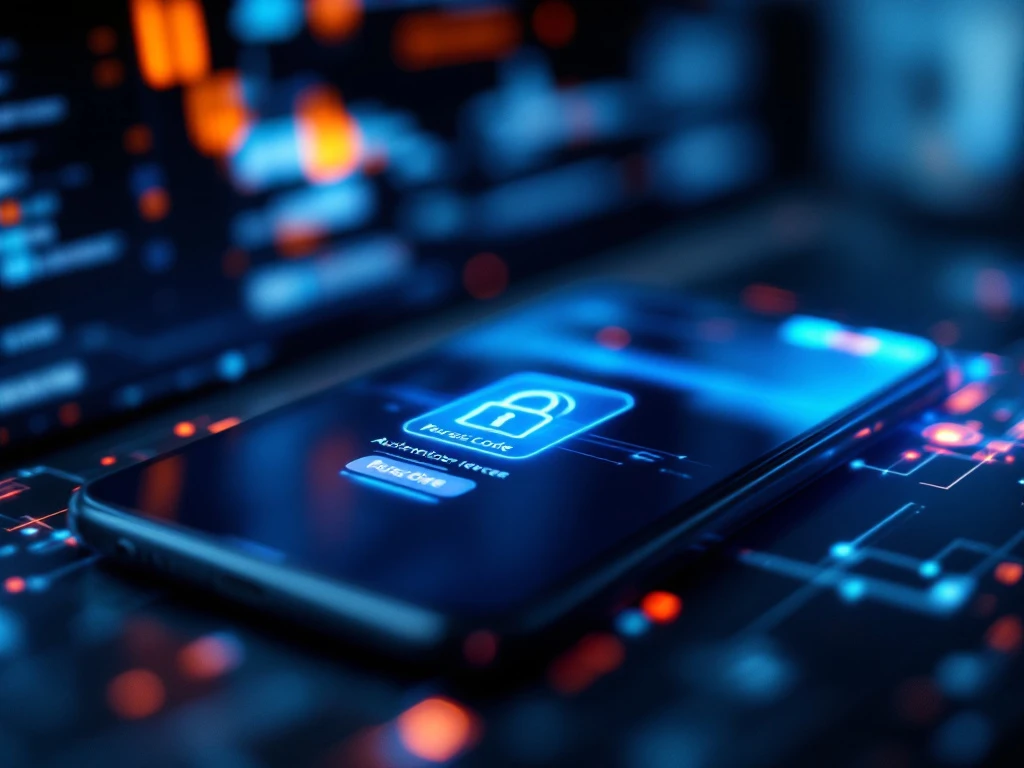 Smartphone met authenticatie-app en verificatiecode naast laptop met inlogvenster, omgeven door holografisch beveiligingsschild en biometrische vingerafdruksensor.