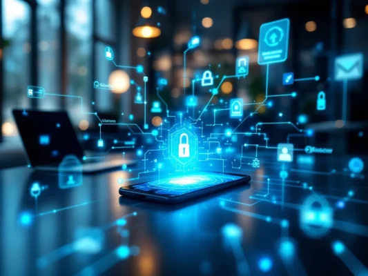 Smartphone voert vingerafdrukscan uit, verbonden met diverse digitale apparaten via blauwe lichtstralen in een modern kantoor, omringd door beveiligingselementen in blauw-wit.