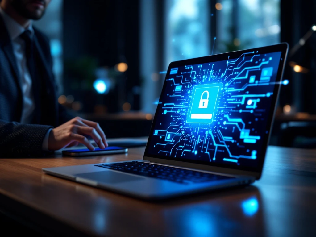Modern bureau met laptop toonend login-scherm en smartphone met authenticatie-notificatie, omgeven door digitale beveiligingslagen in blauwtinten.
