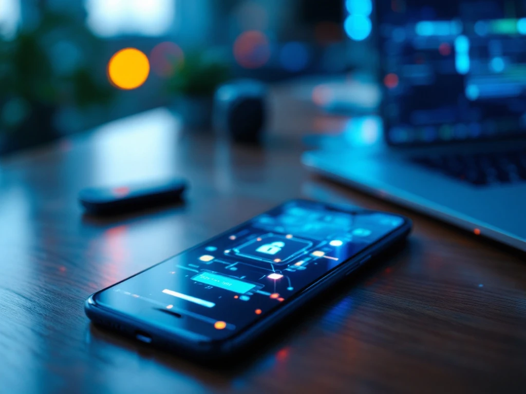 Moderne smartphone met vingerafdruk-authenticatie naast een YubiKey op bureau, met holografisch beveiligingsschild die meervoudige authenticatiemethoden visualiseert.