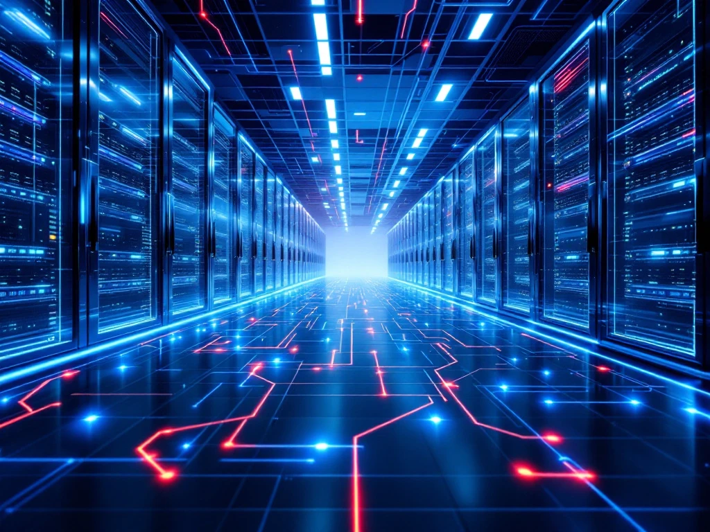 Futuristisch datacentrum met AI-beveiligingsvisualisatie, lichtgevende netwerkkabels en holografische weergave van realtime beveiligingsanalyse
