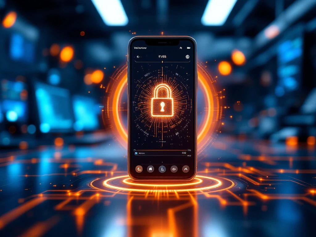 Futuristische digitale werkplek met smartphone-authenticatie, holografisch schild en beveiligingssymbolen zoals vingerafdrukscan en hardware token op een blauw-cyaan achtergrond.
