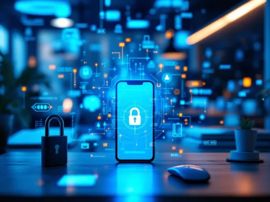 Smartphone met vingerafdrukscan omringd door holografisch beveiligingsschild in futuristische werkplekomgeving. Beveiligingssleutel en digitale beveiligingsvisualisaties in blauwtinten met oranje accenten.