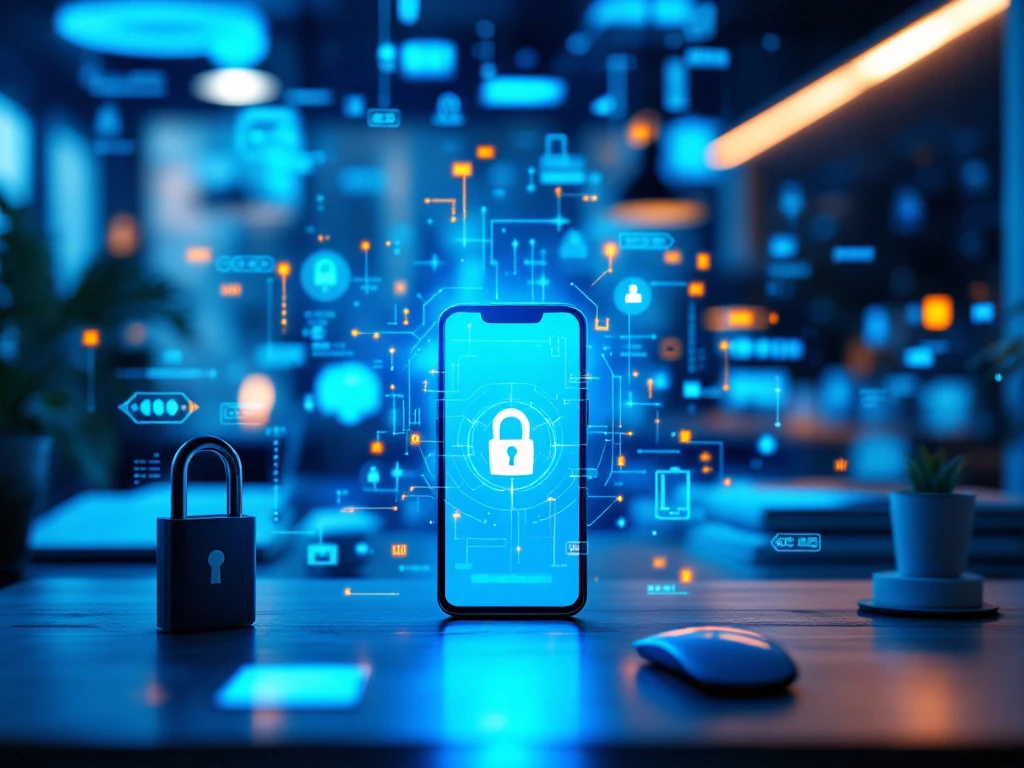 Smartphone met vingerafdrukscan omringd door holografisch beveiligingsschild in futuristische werkplekomgeving. Beveiligingssleutel en digitale beveiligingsvisualisaties in blauwtinten met oranje accenten.
