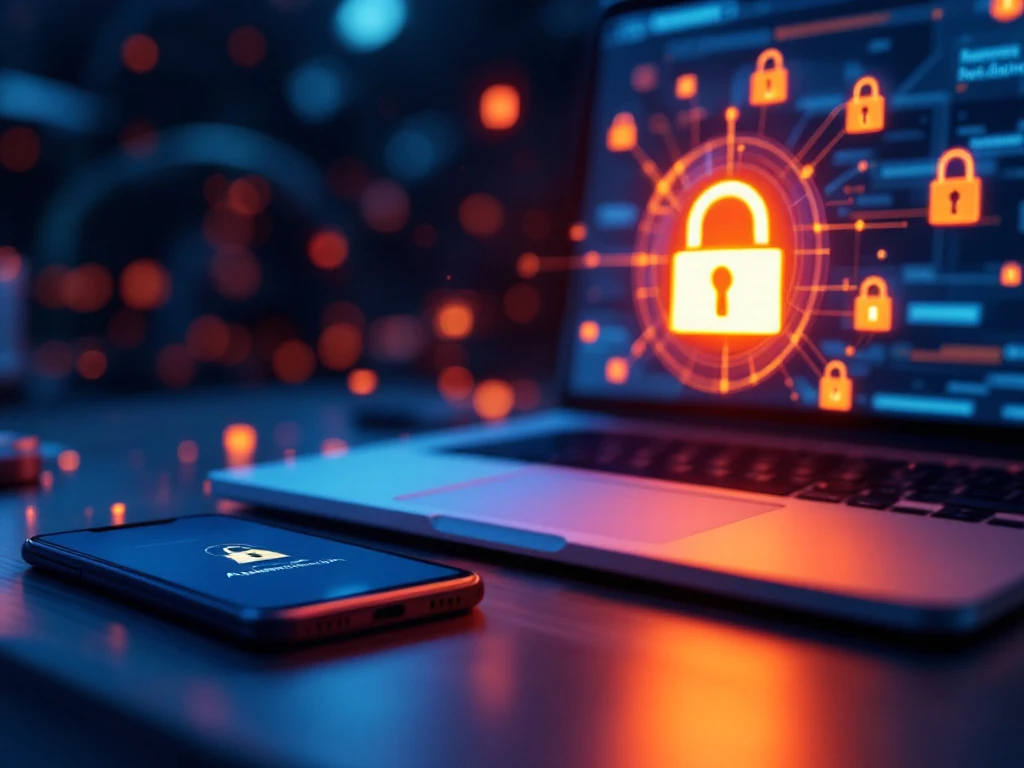 Moderne digitale werkplek met smartphone-authenticatie en laptop-login, omringd door beveiligingssymbolen in DesktopToWork-kleuren.