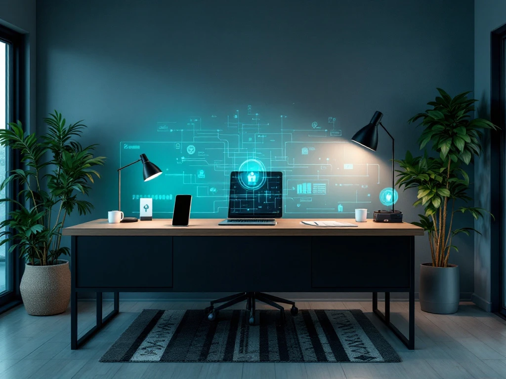 Modern bureau met hybride werkplekken verbonden door beveiligingslaag; tablet met vingerafdrukscan, smartphone en beveiligingssleutel in professionele blauw-groene setting.