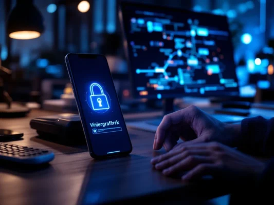 Smartphone met vingerafdrukscanner en security token op professioneel bureau. Beveiligde authenticatie-interface toont gelaagde MFA-beveiliging.