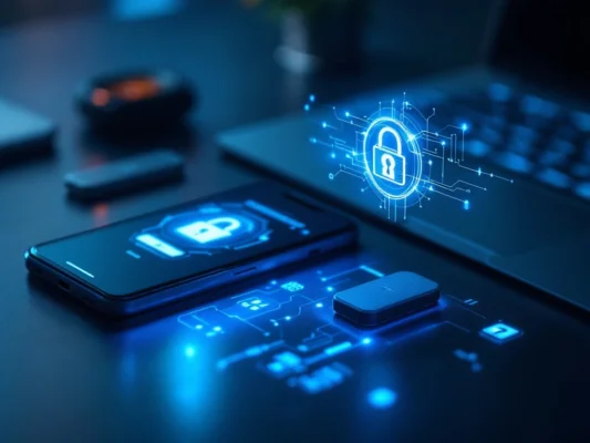 Smartphone met MFA-authenticatie-app naast fysieke beveiligingssleutel, met blauw verlicht toetsenbord en digitaal hangslot-hologram dat meerdere beveiligingslagen visualiseert.