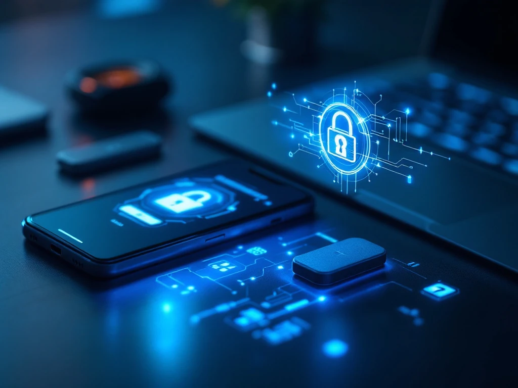 Smartphone met MFA-authenticatie-app naast fysieke beveiligingssleutel, met blauw verlicht toetsenbord en digitaal hangslot-hologram dat meerdere beveiligingslagen visualiseert.