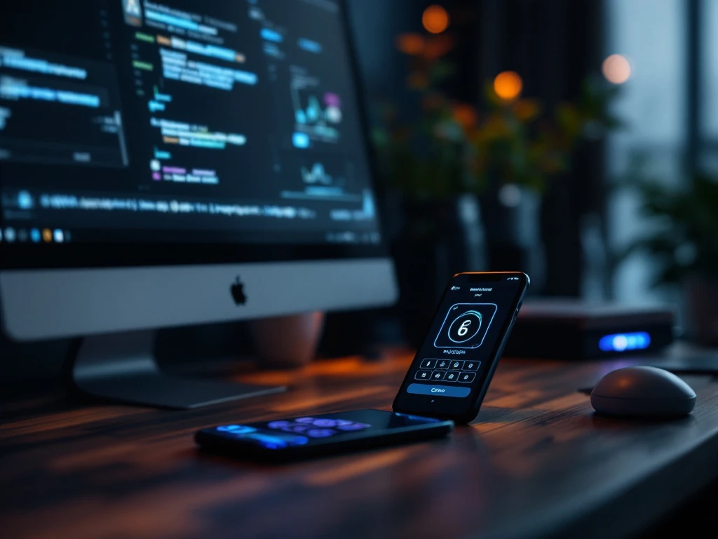 Modern bureau met computerscherm toonend MFA-verificatie en smartphone met authenticator-app. Holografisch hangslot zweeft ertussen in blauwe beveiligingsomgeving.
