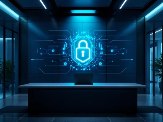 Futuristisch beveiligingssysteem met drie authenticatie-factoren: wachtwoord, beveiligingssleutel en vingerafdrukscan in modern kantoor.
