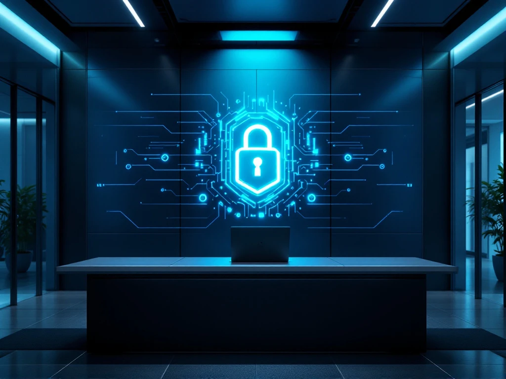 Futuristisch beveiligingssysteem met drie authenticatie-factoren: wachtwoord, beveiligingssleutel en vingerafdrukscan in modern kantoor.
