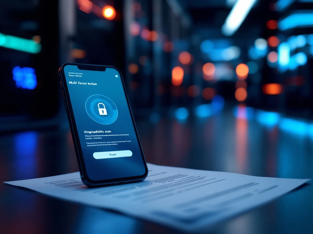 Smartphone met multi-factor authenticatie scherm en vingerafdrukscan naast een Nederlands officieel document, met beveiligde serverruimte op de achtergrond.
