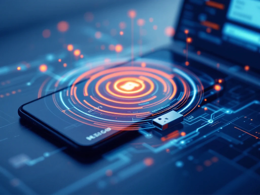 Smartphone met authenticatie-app en verificatiecode naast USB-beveiligingssleutel en laptop met login-scherm, gevisualiseerd met concentrische beveiligingslagen voor MFA.