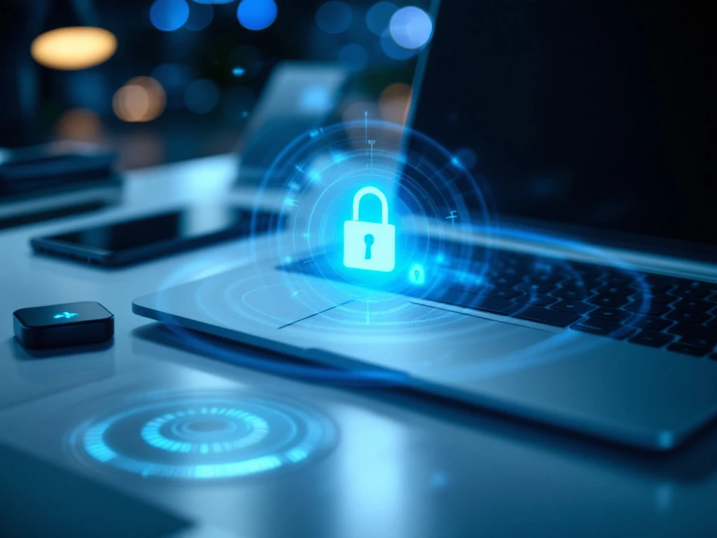 Laptop met inlogscherm en multifactorauthenticatie-elementen: smartphone met authenticator-app, USB-beveiligingssleutel en vingerafdruksensor in professionele werkomgeving.