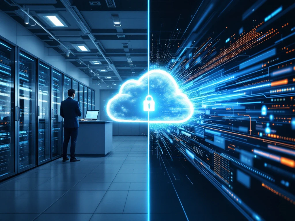 Split-screen visualisatie van netwerk security: links on-premise serverruimte met fysieke beveiliging, rechts cloud-beveiliging met digitale elementen in een professionele hybride omgeving.