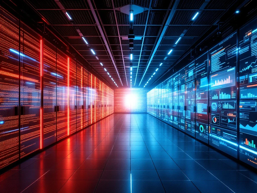 Split-screen van modern datacenter met rode firewall-barrières die het netwerk beschermen en geavanceerd monitoringstation met datavisualisaties in blauw-paarse tinten.