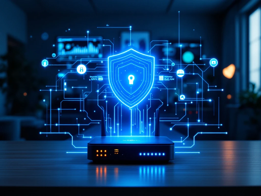 Modern thuiskantoor met geavanceerde router beschermd door digitaal beveiligingsschild. Firewall blokkeert verdachte verbinding terwijl apparaten veilig verbonden blijven.