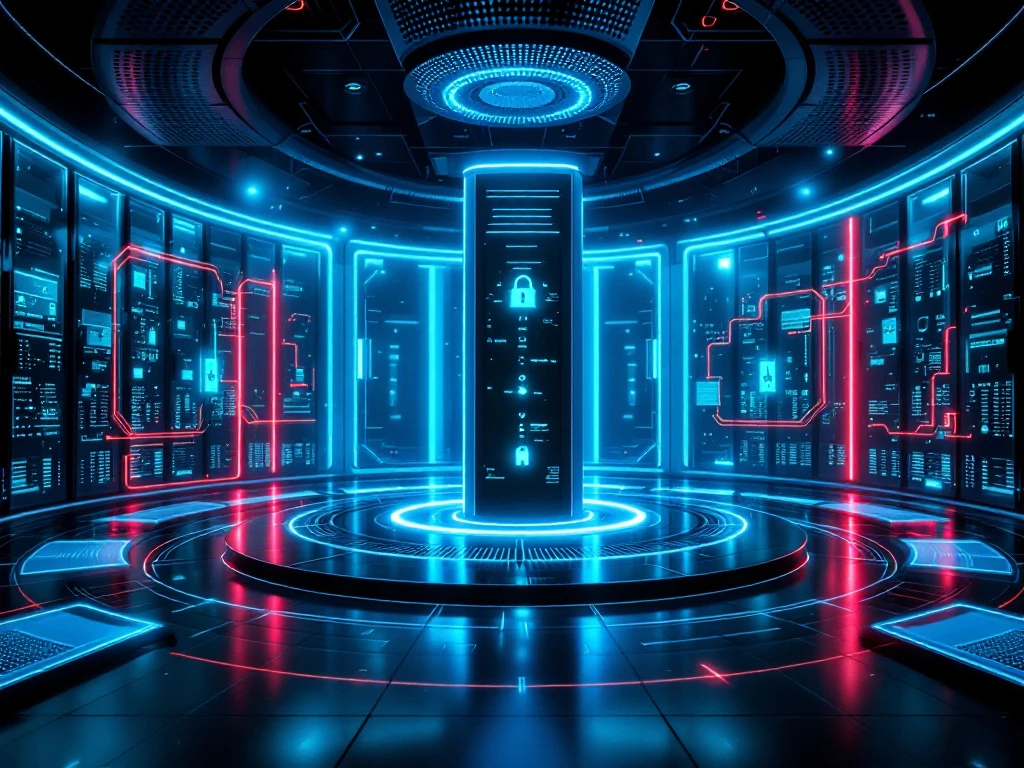 Futuristische serverruimte met concentrische beveiligingslagen, holografische barriers en een beschermde server-tower die het zero trust model visualiseert in blauw-paarse tinten.