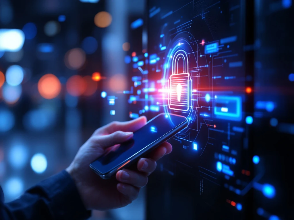 Smartphone met authenticatiescherm voor futuristische digitale kluis, omringd door blauwe beveiligingsscans en holografische verificatiepatronen die meerdere beveiligingslagen tonen.