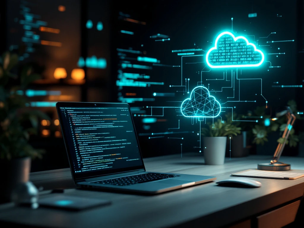 Beveiligde thuiswerkplek met laptop omgeven door blauw-groen digitaal beschermingsschild tegen cyberbedreigingen, verbonden met cloud via veilige netwerklijnen.