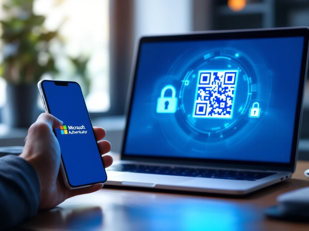 Smartphone met Microsoft Authenticator scant oplichtende QR-code voor tweefactorauthenticatie boven professioneel bureau met beveiligde laptop en digitale werkplekomgeving.