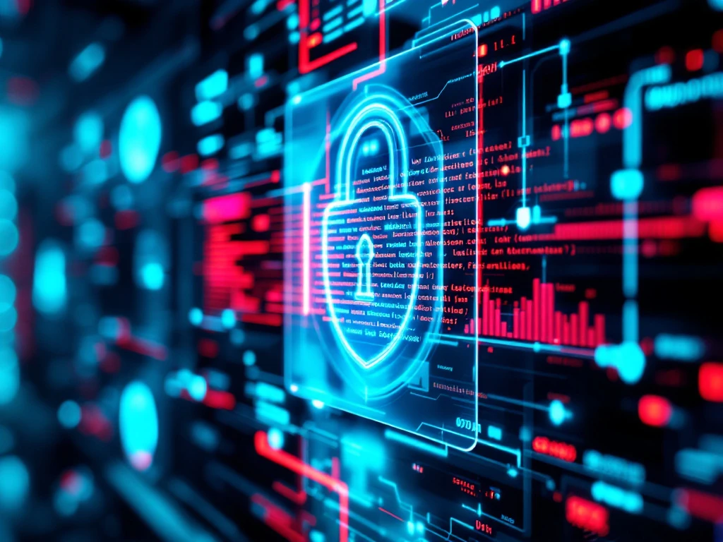 Modern bedrijfsnetwerk beschermd door digitale beveiligingslagen waarbij ransomware-aanval (rode code) afketst op de verdedigingslinie, gevisualiseerd met blauw-groene veiligheidstinten.