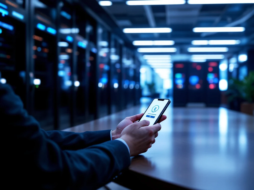 Futuristische beveiligingswerkplek met drievoudige authenticatie: smartphone-verificatie, vingerafdrukscanner en digitaal sleutelpad in high-tech serveromgeving.