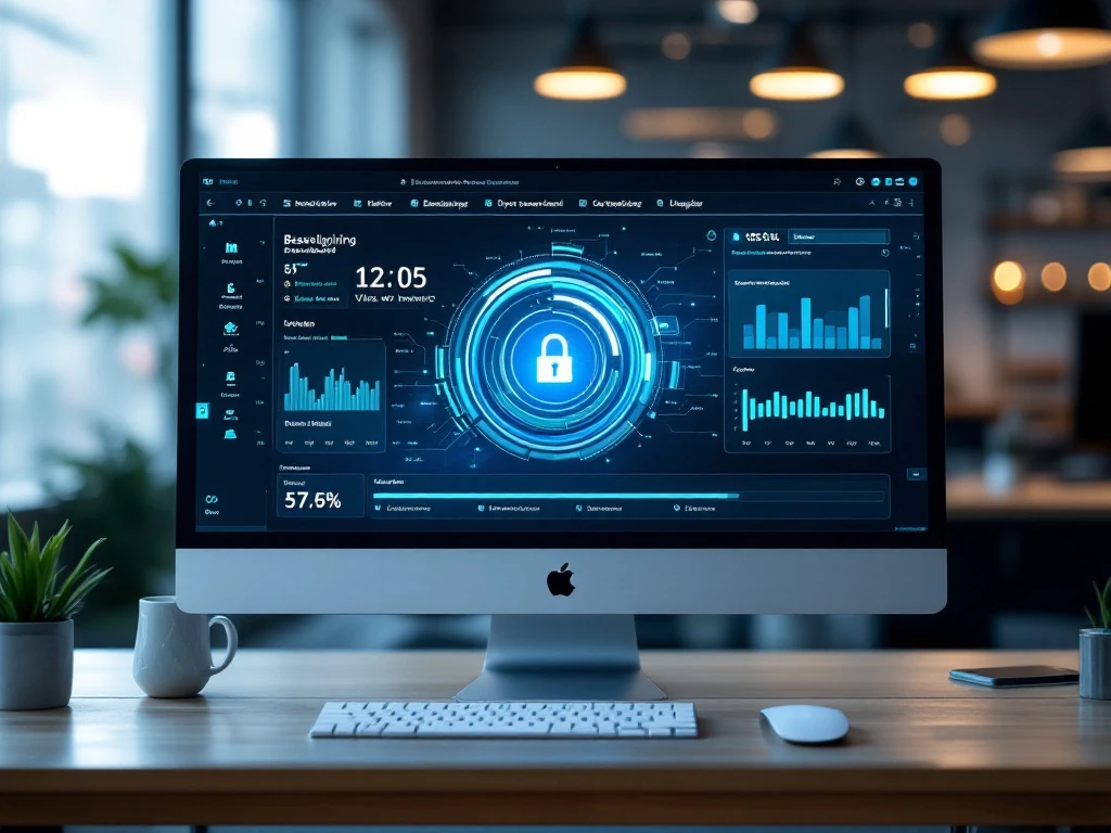 Computerbeeldscherm met beveiligingsdashboard toont bijna voltooide update-installatie, omringd door gloeiend virtueel schild dat cyberdreigingen blokkeert in zakelijke omgeving.