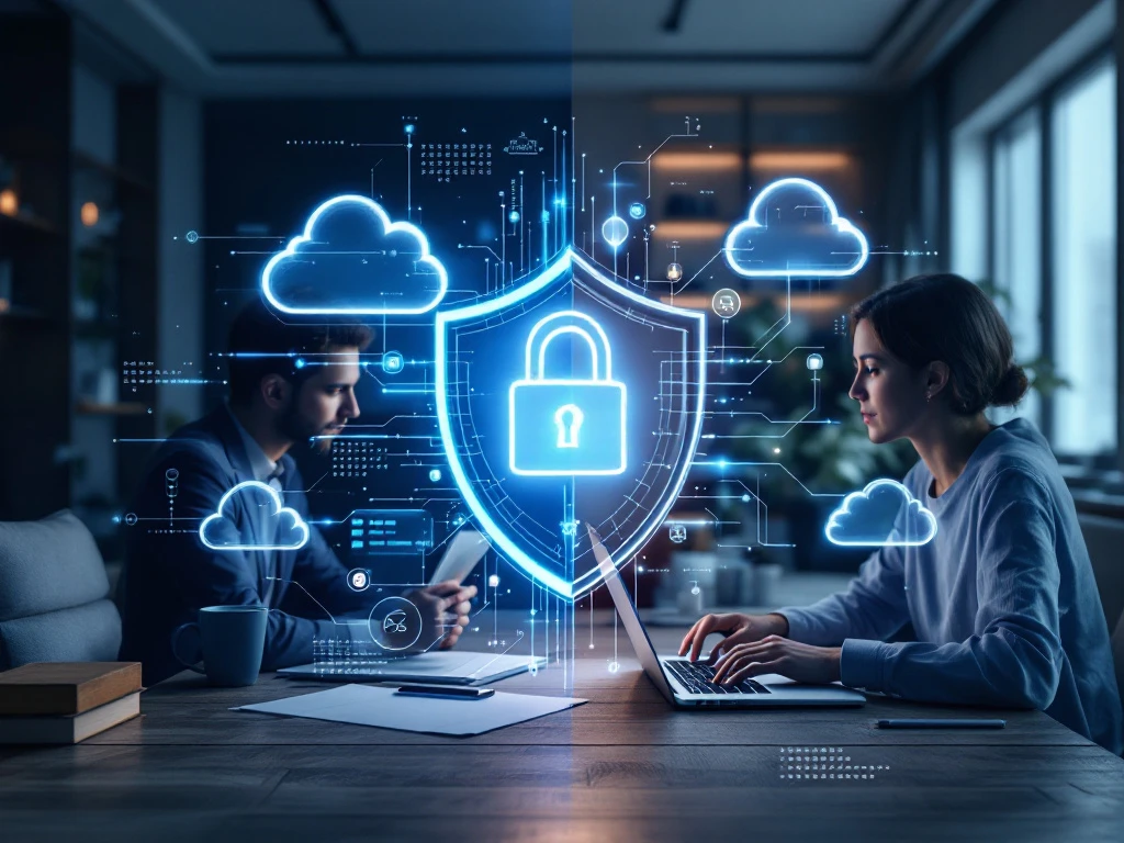 Beveiligingsschild met Microsoft 365-iconen beschermt datastromen tussen professionele kantooromgeving en thuiswerkplek met laptop in blauwe tinten.
