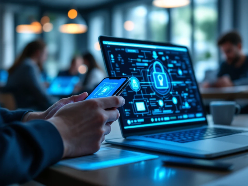 Professionele werkplek met smartphone (vingerafdrukscan) en laptop (beveiligingsinterface) verbonden door blauwe lichtstraal in kantooromgeving met high-tech uitstraling.