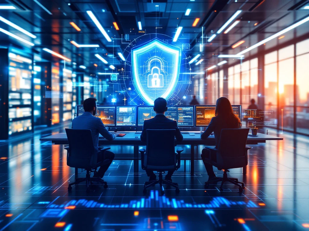Futuristisch Security Operations Center met gebogen monitorwanden, real-time dreigingsdetectie en holografisch beschermingsschild boven serverinfrastructuur in blauw-cyaan verlichting.