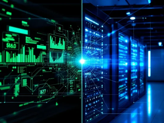 Split-screen visualisatie van beveiligingsmethoden: links continue monitoring met real-time datastromen, rechts periodieke beveiligingsscans met blauwe verlichting over servers.