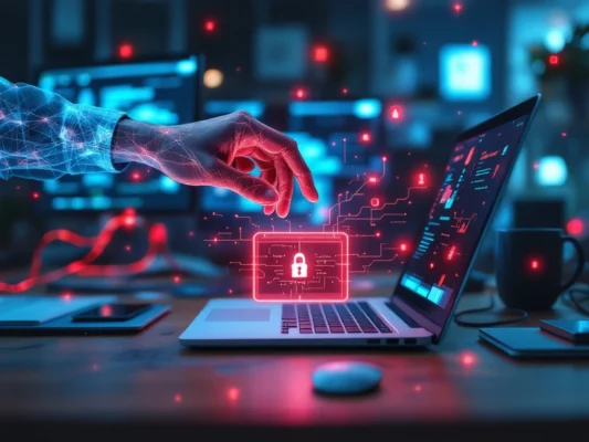 Modern kantoorwerkstation met laptop waarop een gebroken digitaal slot te zien is. Een schimmige hand reikt ernaar terwijl netwerkkabels een beveiligingslek tonen.