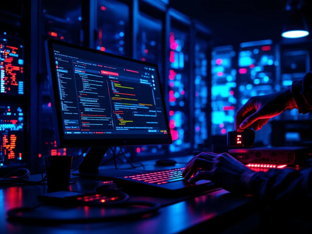Serverruimte tijdens cyberaanval met oplichtende alarmmonitor, beveiligingsapparatuur op voorgrond en hand in handschoen die snel incident response uitvoert.