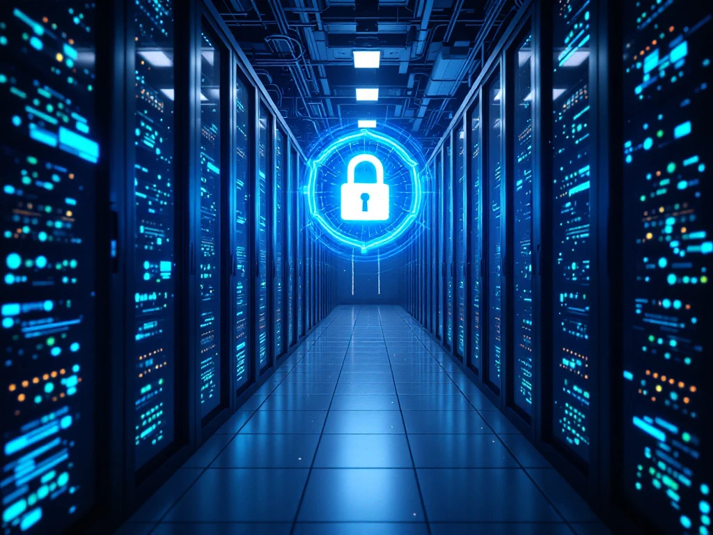 Futuristisch datacenter met holografisch beschermingsschild tegen cyberaanvallen, zwevende datapakketjes en beveiligde serverracks in blauw-groene veiligheidstinten.