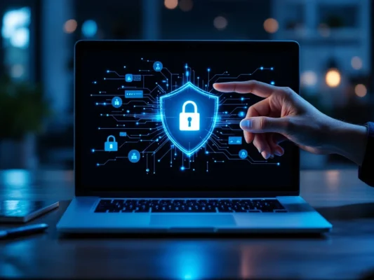 Moderne digitale werkplek met laptop die beveiligingsschild toont, beveiligingssymbolen en een hand die cybersecurity-opties selecteert.