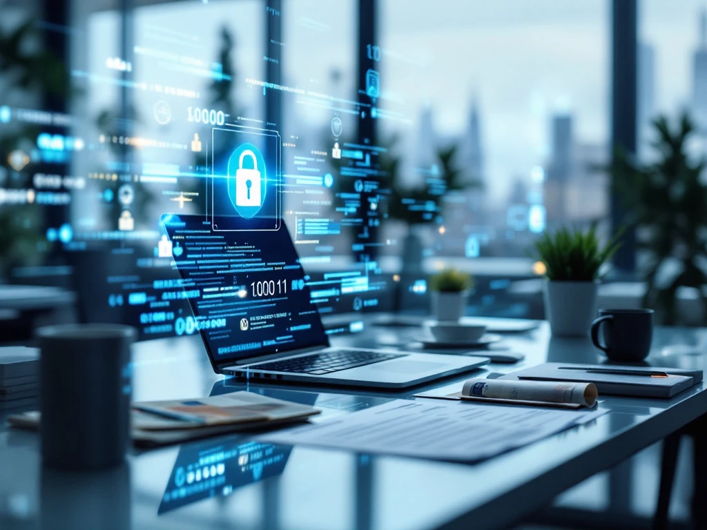 Laptop op glazen kantoorbureau met digitale beveiligingslagen, financiële documenten en weegschaal die cyberbeveiligingssloten en eurobiljetten balanceert.