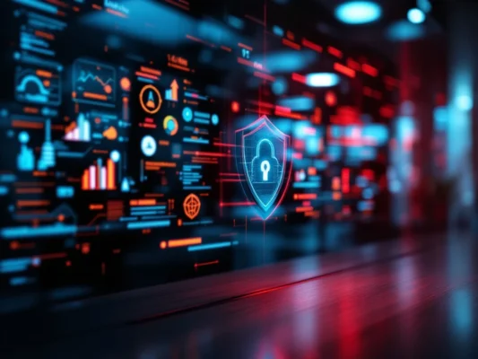 Kantoorwerkplek toont contrast tussen beveiligd en kwetsbaar werkstation, met sleutel als symbool voor cruciale cybersecurity keuze.