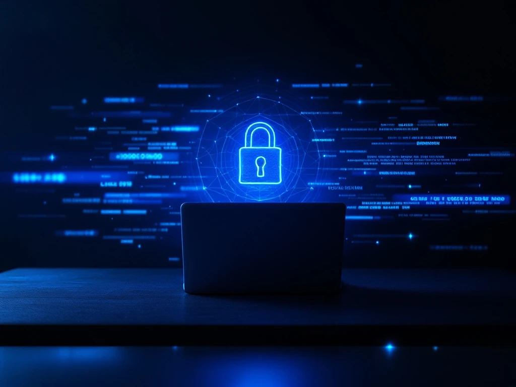 Laptop beschermd door blauw holografisch veiligheidsschild op donker bureau. Binaire code en cyberdreigingssymbolen worden geblokkeerd, veilige binnenzone contrasteert met gevaarlijke buitenzone.