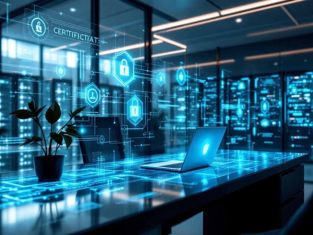 Professionele werkplek met beveiligde laptop, zwevend digitaal certificaat, virtuele schilden en datacentrum op achtergrond in technische blauw-groene verlichting.