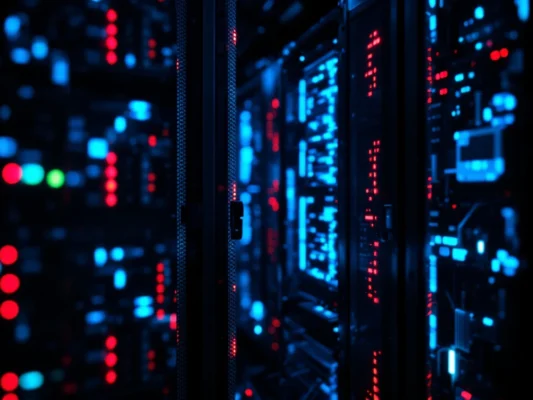 Beschadigde server lekt digitale data in serverruimte met rood alarmlicht. Donkere silhouetten naderen terwijl intact gebleven servers groene statuslampjes tonen.