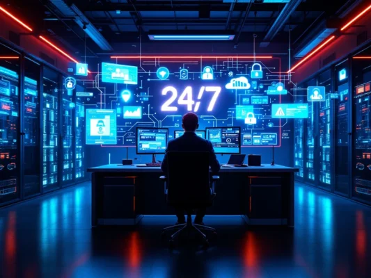 High-tech serverruimte met centrale beveiligingsmonitors, holografische symbolen en serverracks. Blauwe en cyaan tinten met rode alarmsignalen tonen 24/7 IT-incidentrespons.
