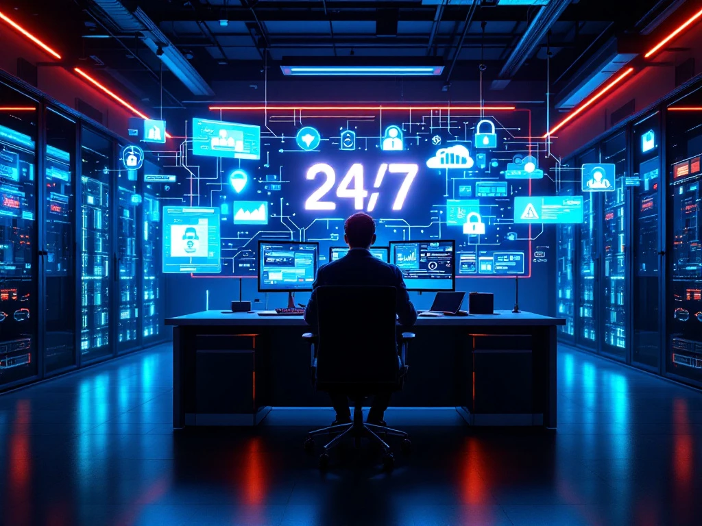 High-tech serverruimte met centrale beveiligingsmonitors, holografische symbolen en serverracks. Blauwe en cyaan tinten met rode alarmsignalen tonen 24/7 IT-incidentrespons.