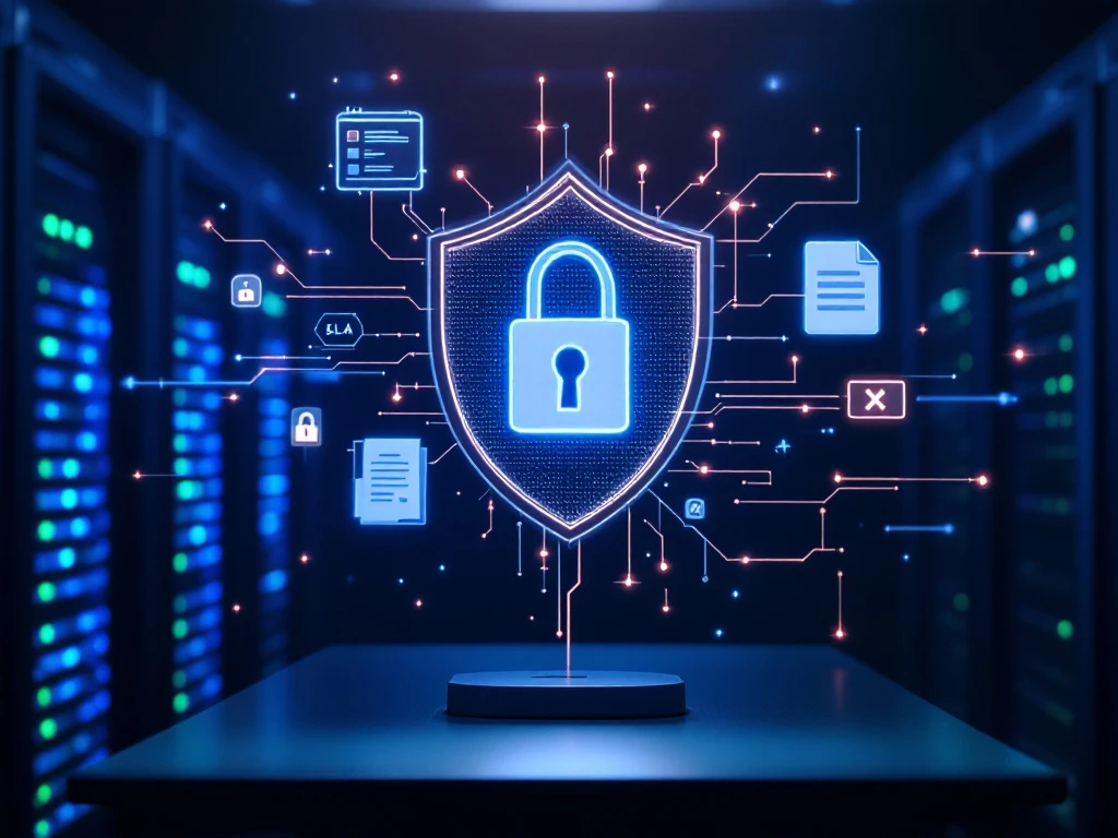 Futuristisch beveiligd werkstation met holografisch schild en digitale sloten, symboliserend cybersecurity SLA's, naast zwevend contract met serverracks op de achtergrond.