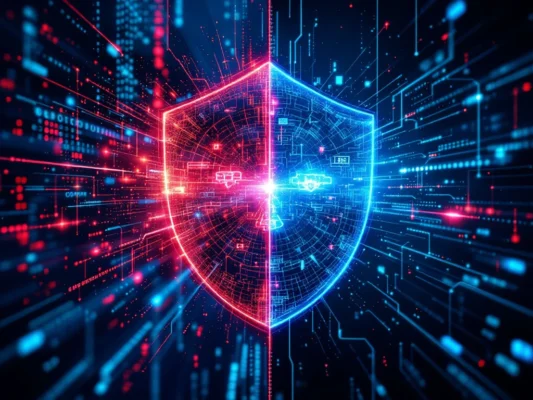 Contrasterende cybersecurity-strategieën: links reactieve aanpak met chaos en beschadigd schild; rechts proactieve benadering met georganiseerde omgeving en intact beveiligingsschild.
