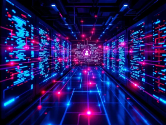 Hightech beveiligingscentrum met servers en holografische netwerktopologie die kwetsbaarheden toont, omgeven door cybersecurity-tools en codefragmenten.
