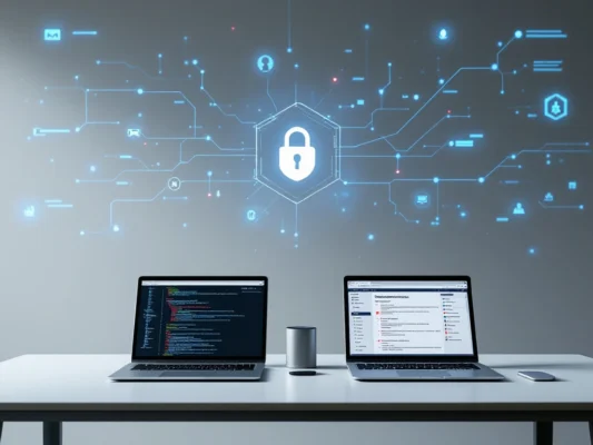 Professionele werkruimte met twee laptops die beveiligingsinformatie tonen: netwerkoverzicht met kwetsbaarheden en beveiligingsbeleid, naast fysieke en digitale tokens.