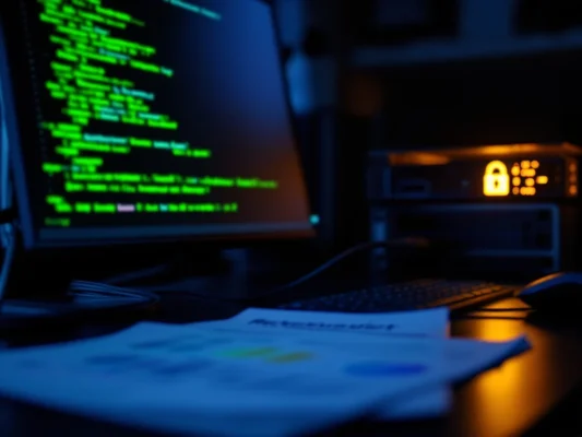 Computerworkstation voor cybersecurity met groene code op terminal, half geopend beveiligingsslot, serverrack en audit-rapport met schildsymbool in blauwe verlichting.