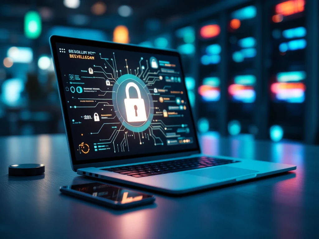 Modern kantoorbureau met laptop waarop digitaal schildslot zichtbaar is, smartphone met beveiligingsnotificatie en security-keycard. Servers op achtergrond in cyberveilige blauw-groene belichting.